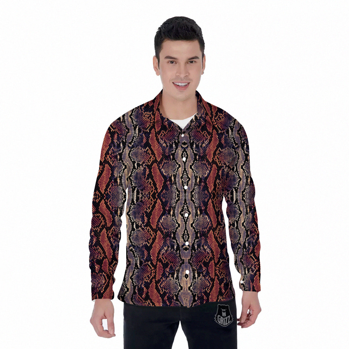 Python Snakeskin Brick Red Print Men's Long Sleeve Shirts-grizzshop