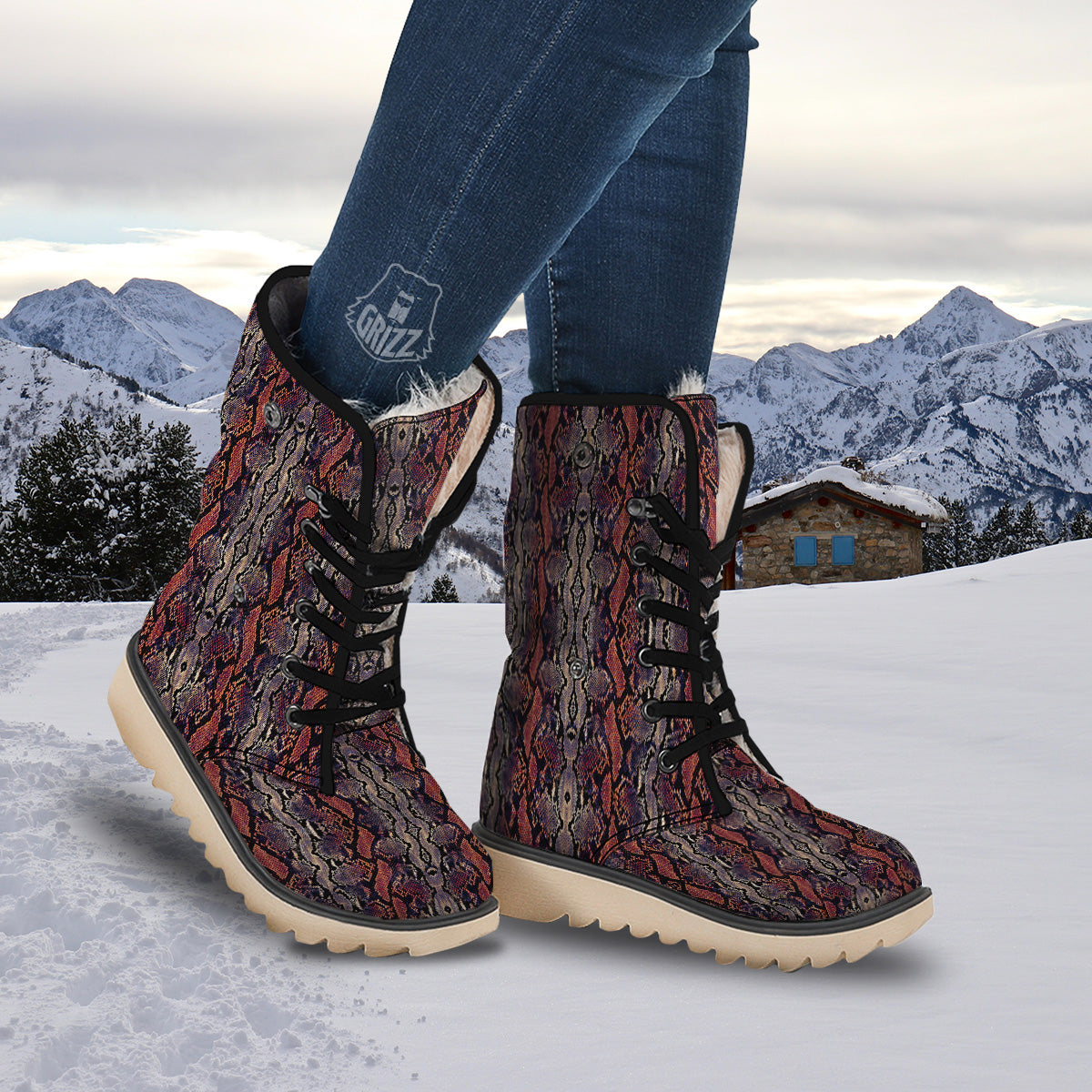 Python Snakeskin Brick Red Print Snow Boots-grizzshop