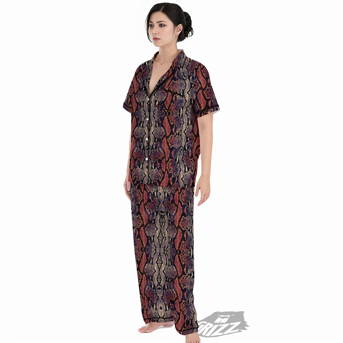 Python Snakeskin Brick Red Print Women's Pajamas Set-grizzshop