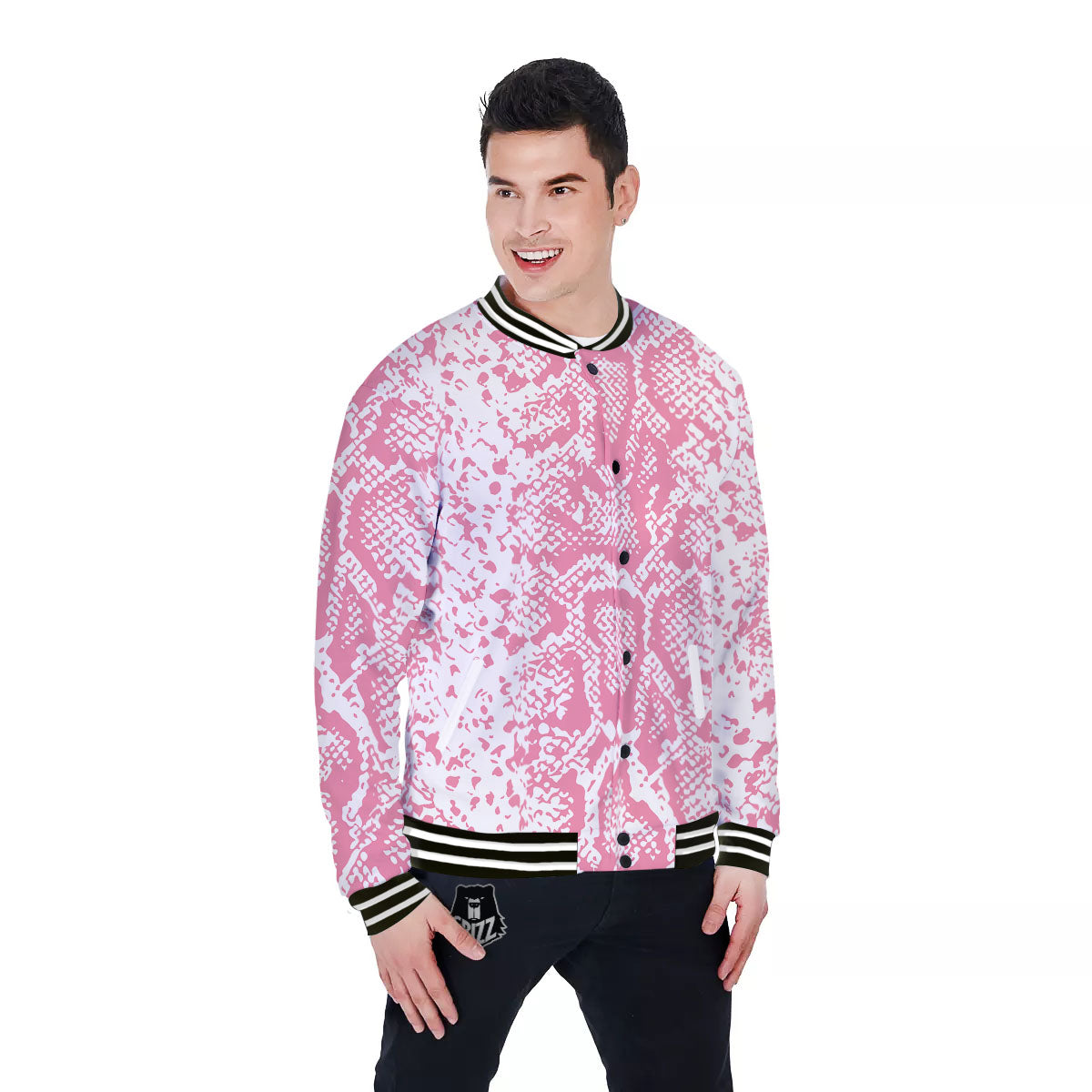 Python Snakeskin Pink Print Baseball Jacket-grizzshop