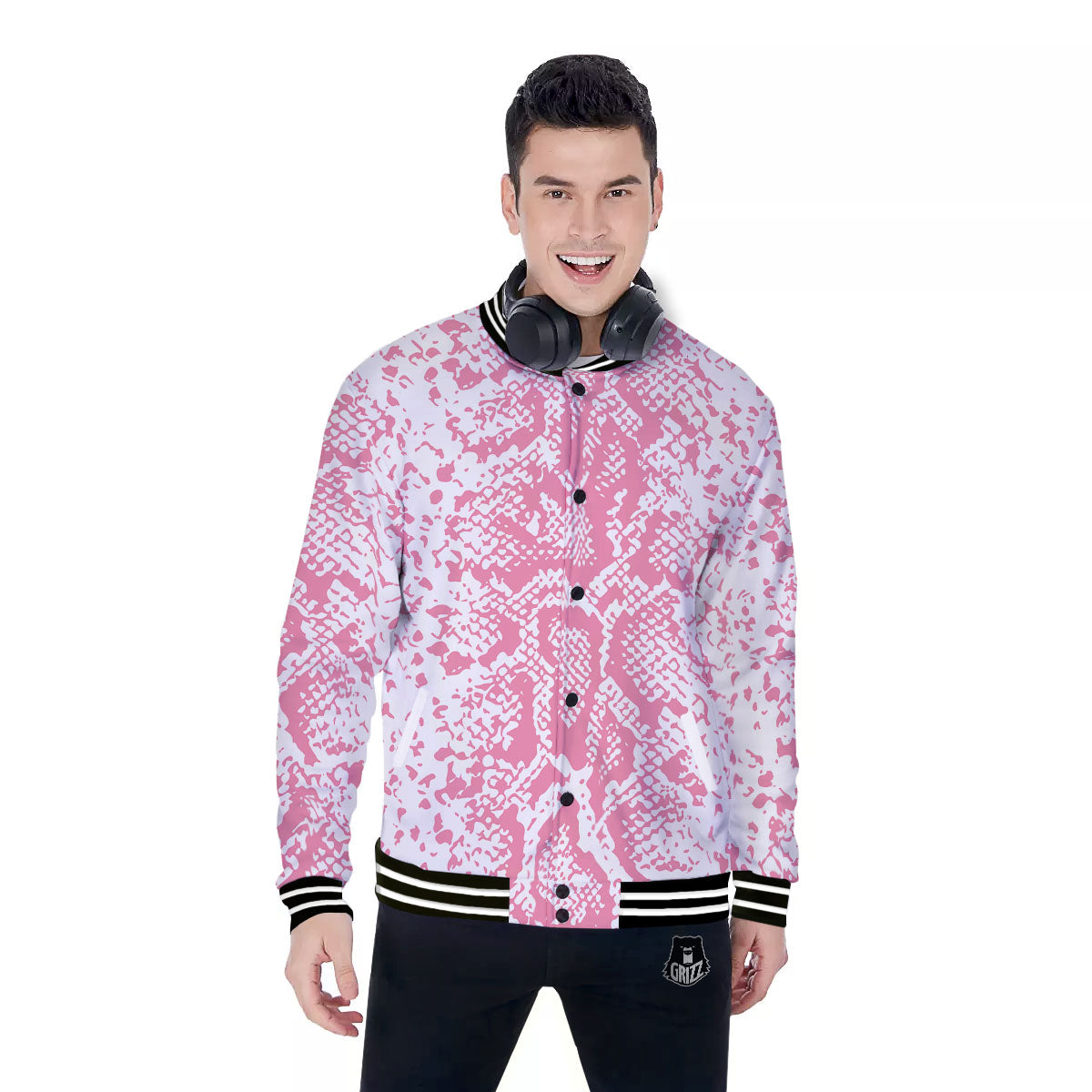 Python Snakeskin Pink Print Baseball Jacket-grizzshop