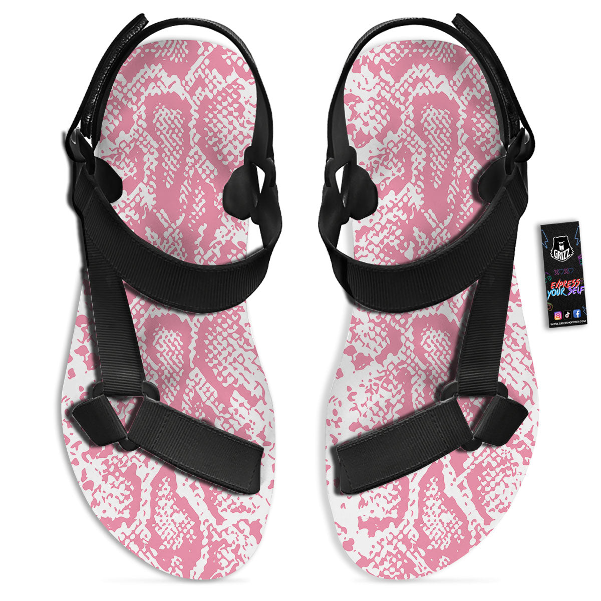 Python Snakeskin Pink Print Black Open Toe Sandals-grizzshop