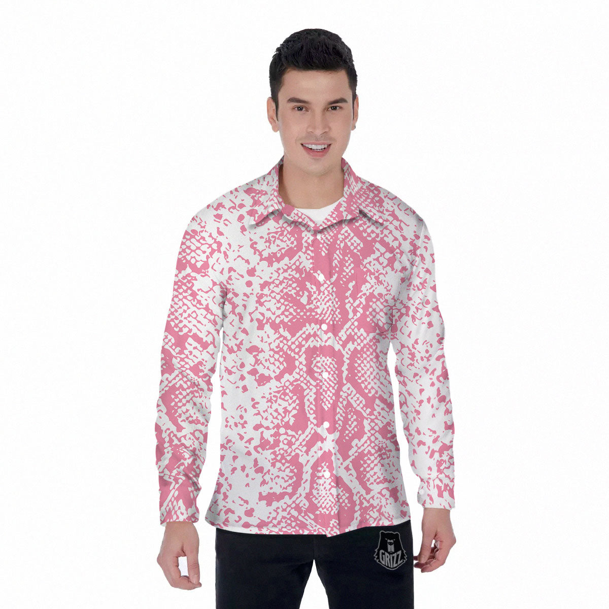 Python Snakeskin Pink Print Men's Long Sleeve Shirts-grizzshop