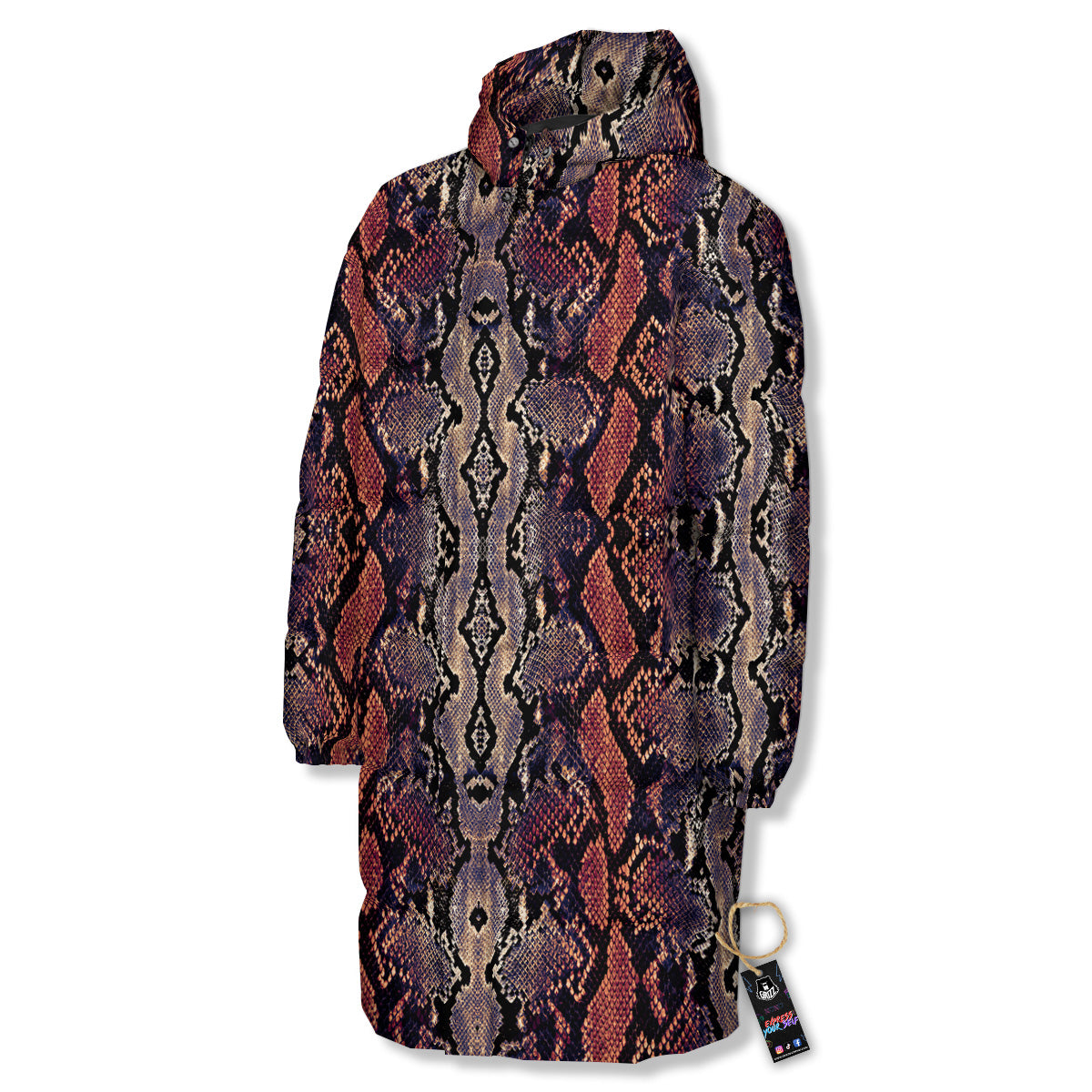 Python Snakeskin Brick Red Print Long Down Jacket
