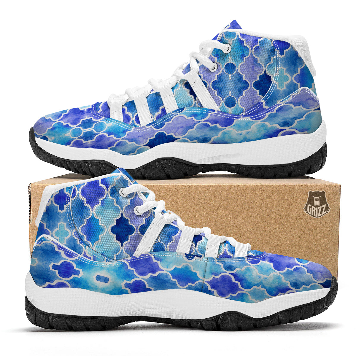 Quatrefoil Blue Watercolor Print Pattern White Bball Shoes-grizzshop