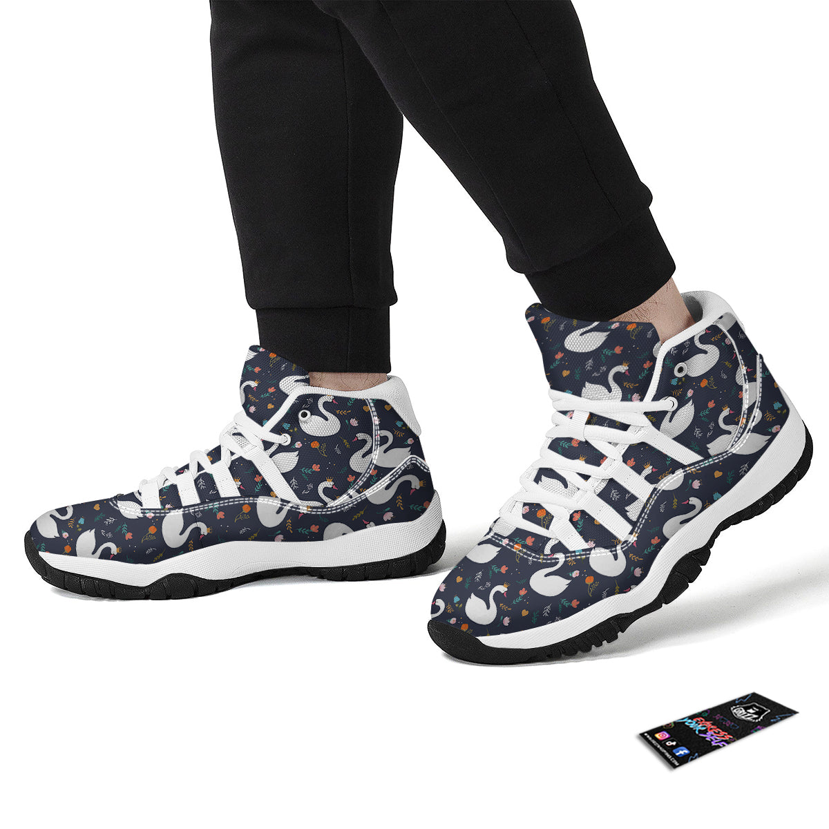 Queen Floral Swan Pattern Print White Bball Shoes-grizzshop