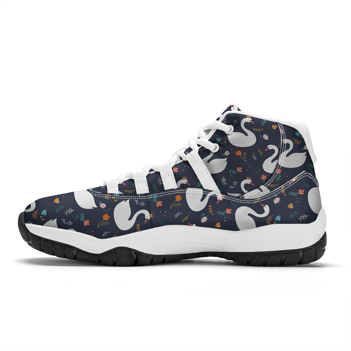 Queen Floral Swan Pattern Print White Bball Shoes-grizzshop