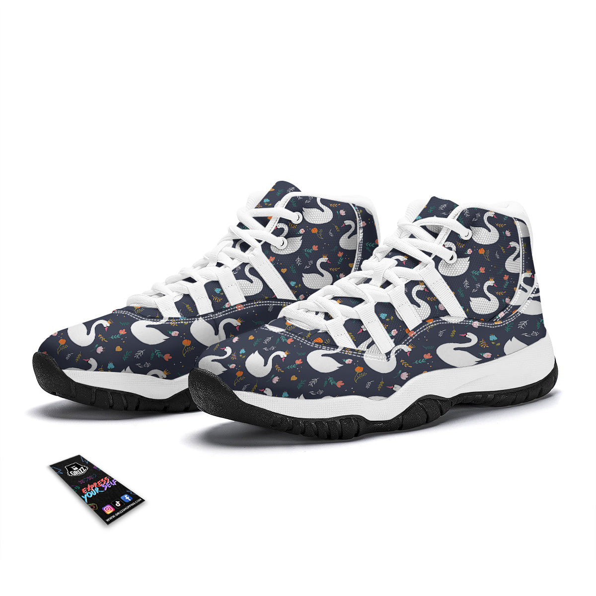 Queen Floral Swan Pattern Print White Bball Shoes-grizzshop