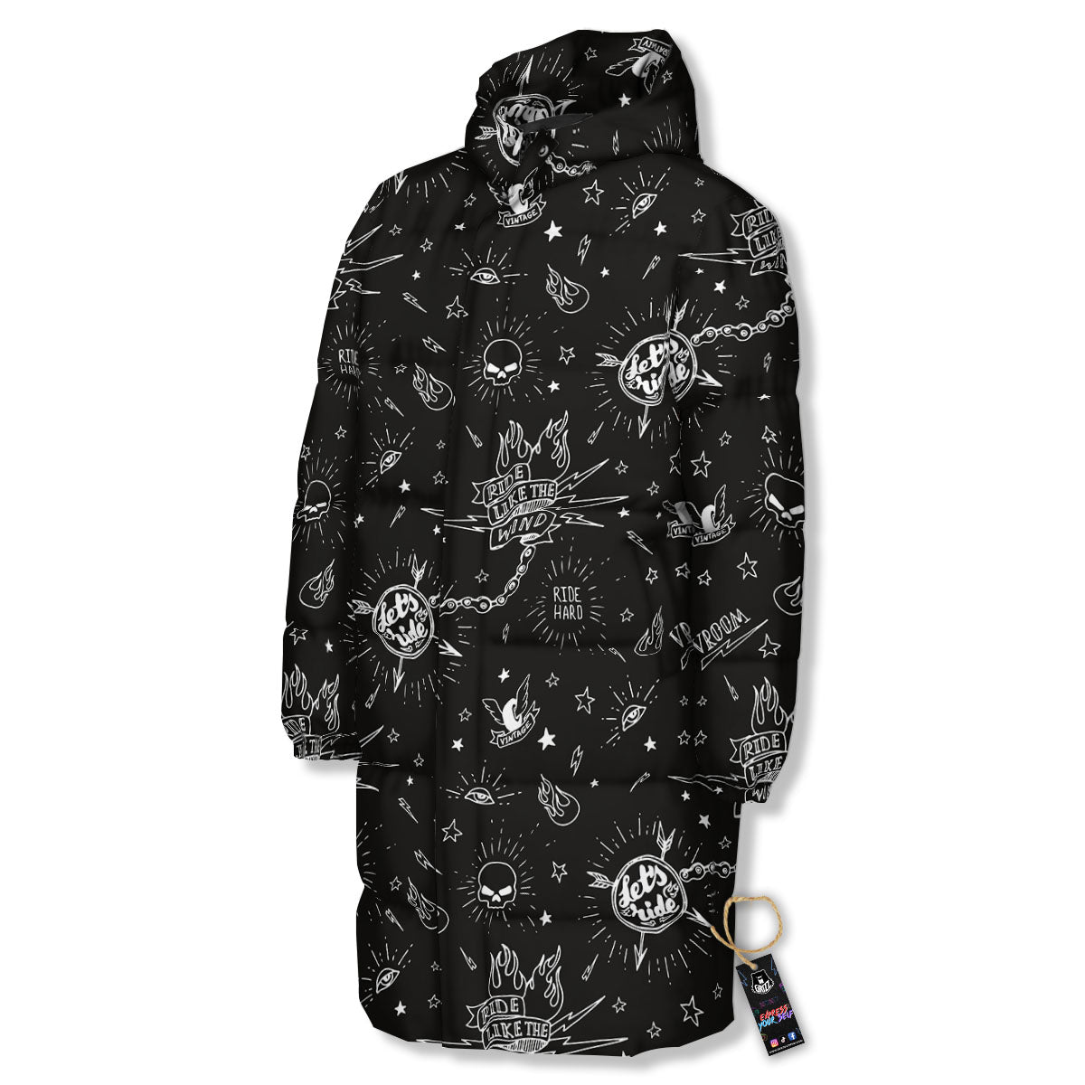 Quote Motorcycle Print Pattern Long Down Jacket-grizzshop