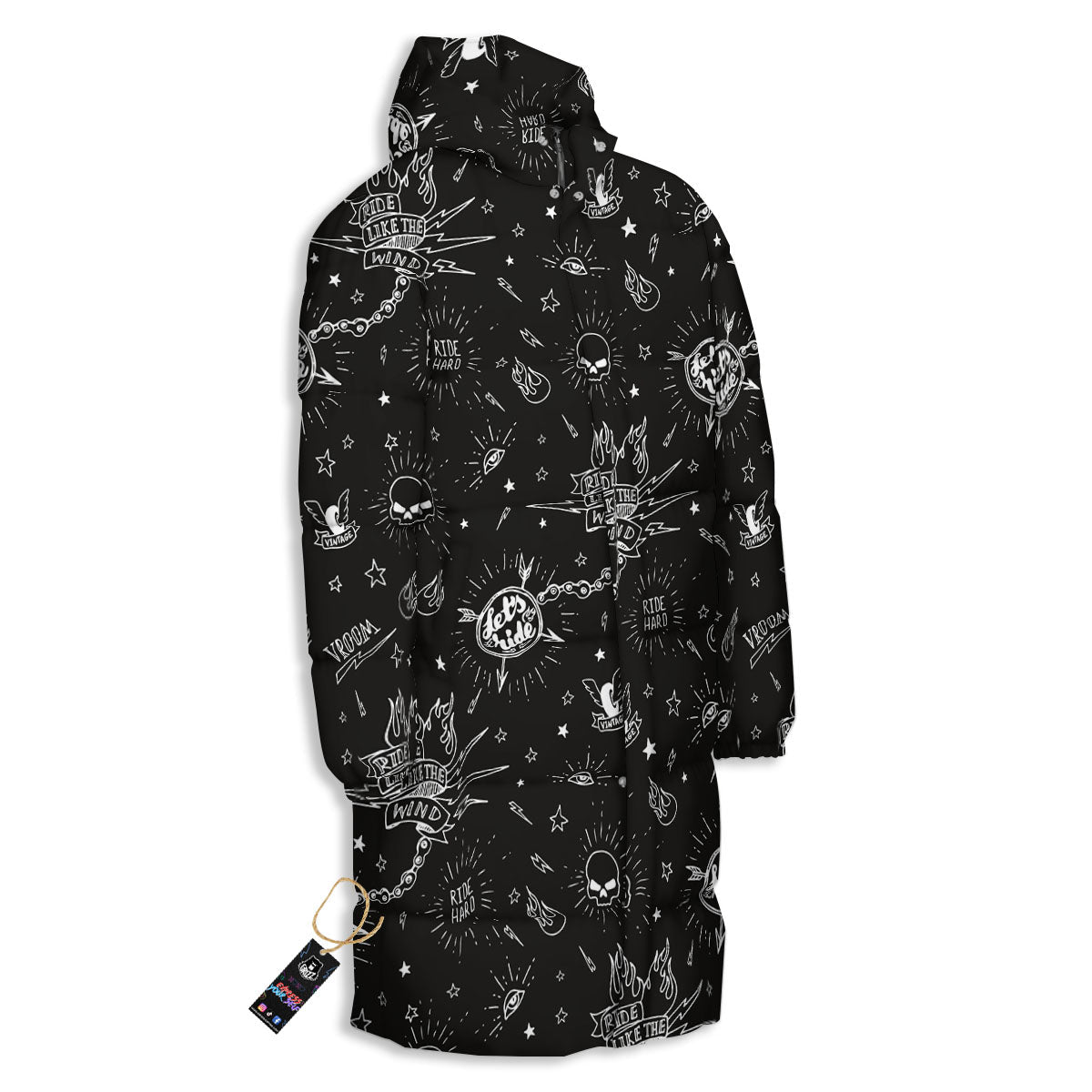 Quote Motorcycle Print Pattern Long Down Jacket-grizzshop