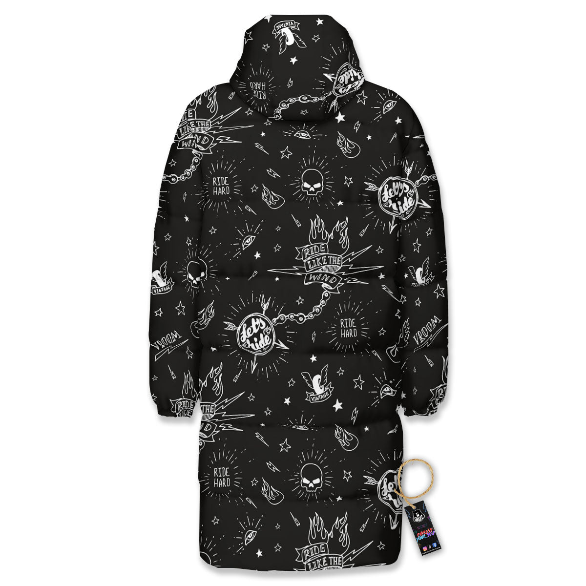Quote Motorcycle Print Pattern Long Down Jacket-grizzshop