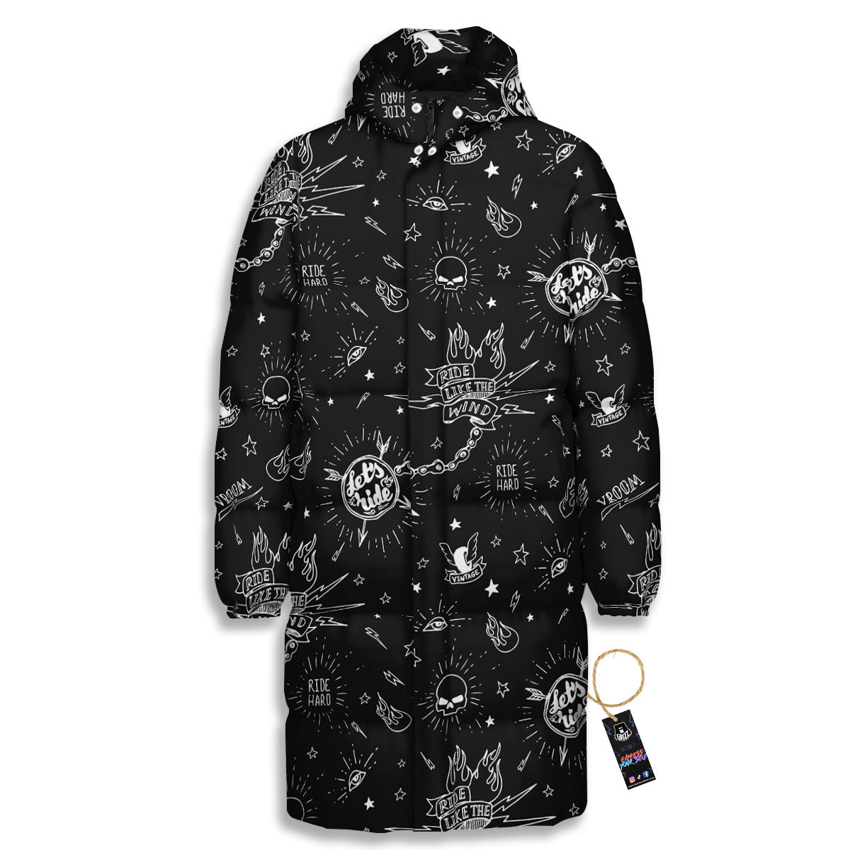 Quote Motorcycle Print Pattern Long Down Jacket-grizzshop