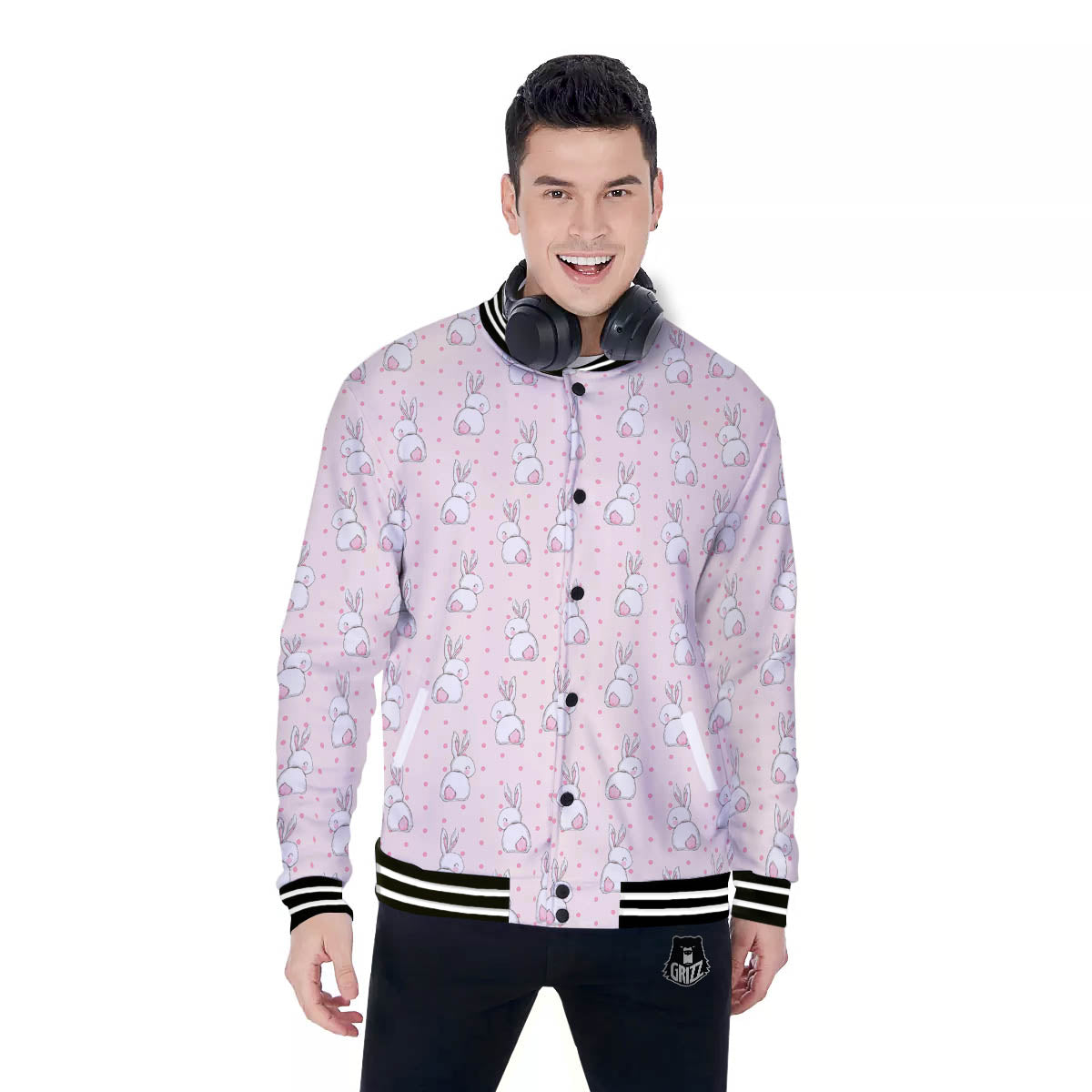 Rabbit Cartoon Print Pattern Baseball Jacket-grizzshop