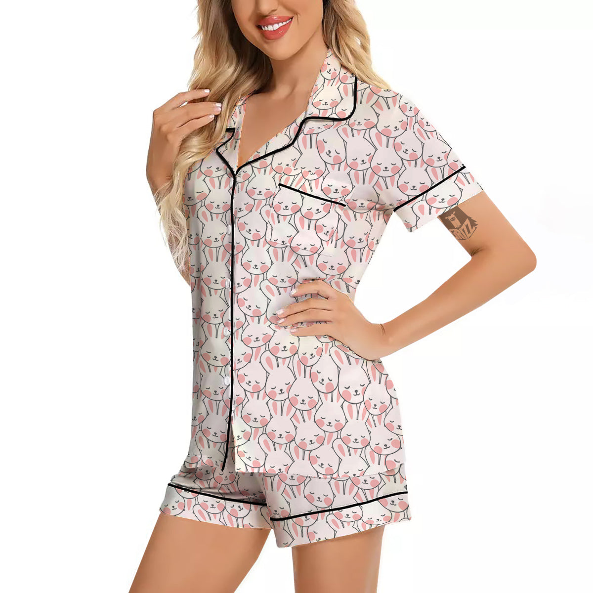 Rabbit Cute Print Pattern Women Silk Pajamas-grizzshop