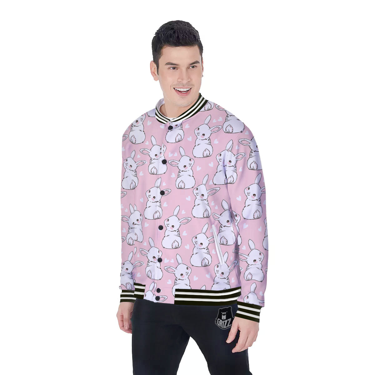 Rabbit Pink Print Pattern Baseball Jacket-grizzshop