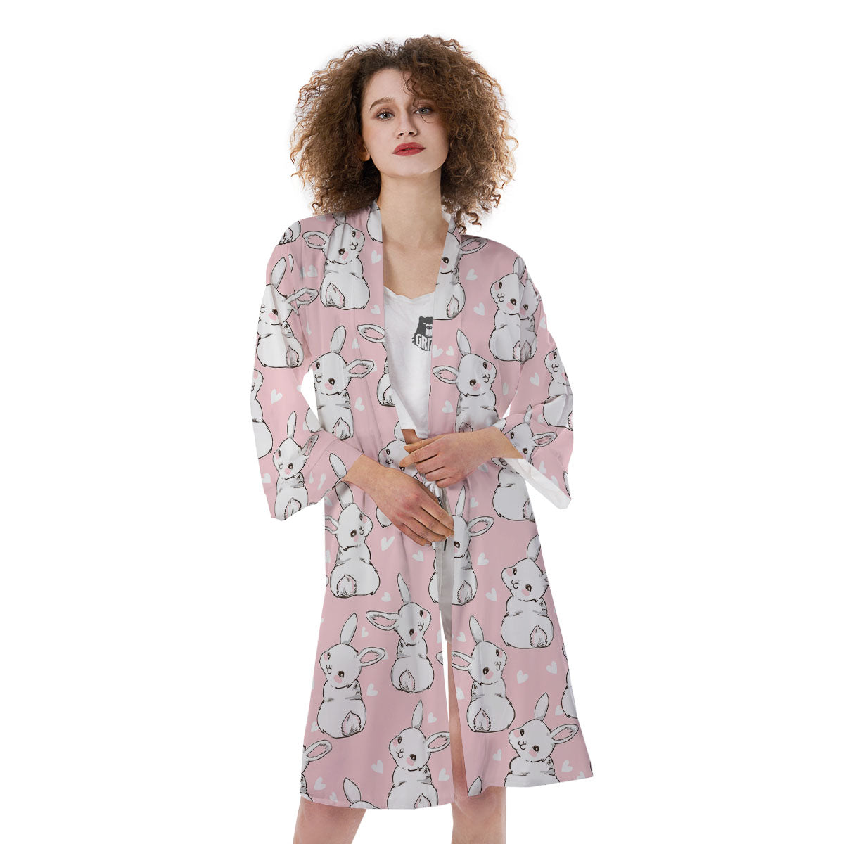 Rabbit Pink Print Pattern Kimono-grizzshop
