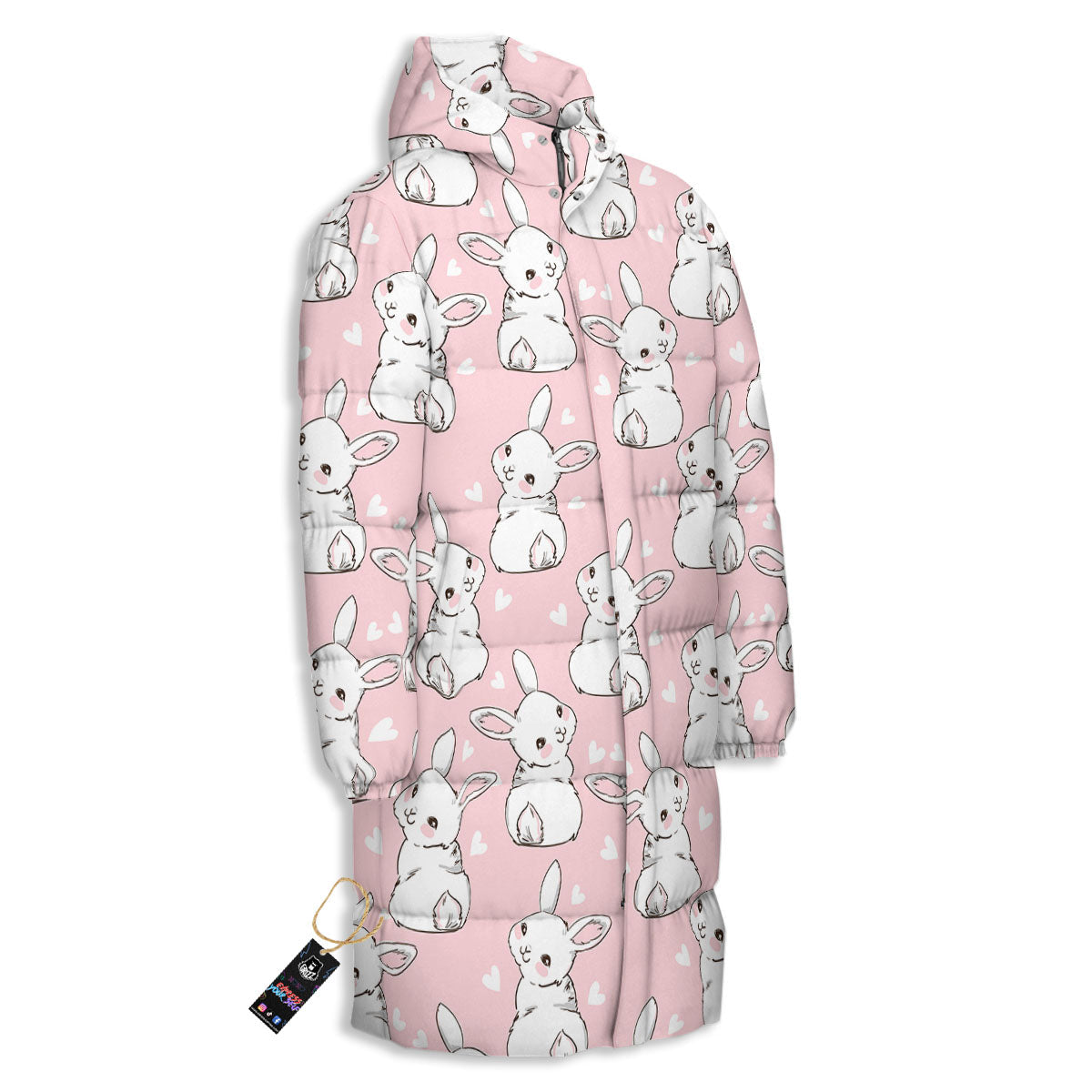 Rabbit Pink Print Pattern Long Down Jacket-grizzshop