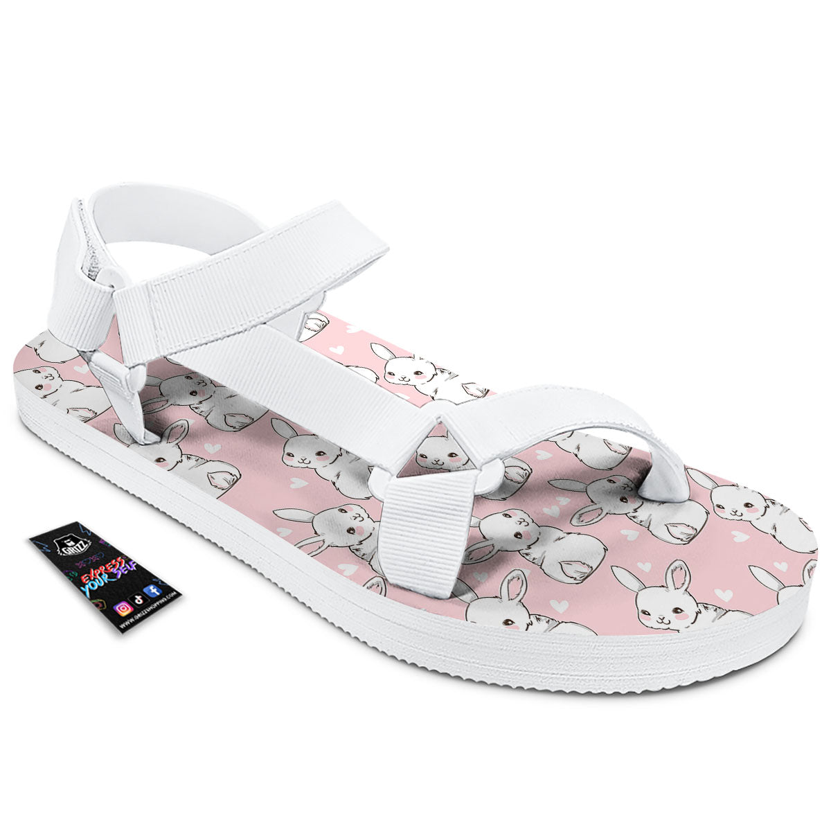 Rabbit Pink Print Pattern White Open Toe Sandals-grizzshop
