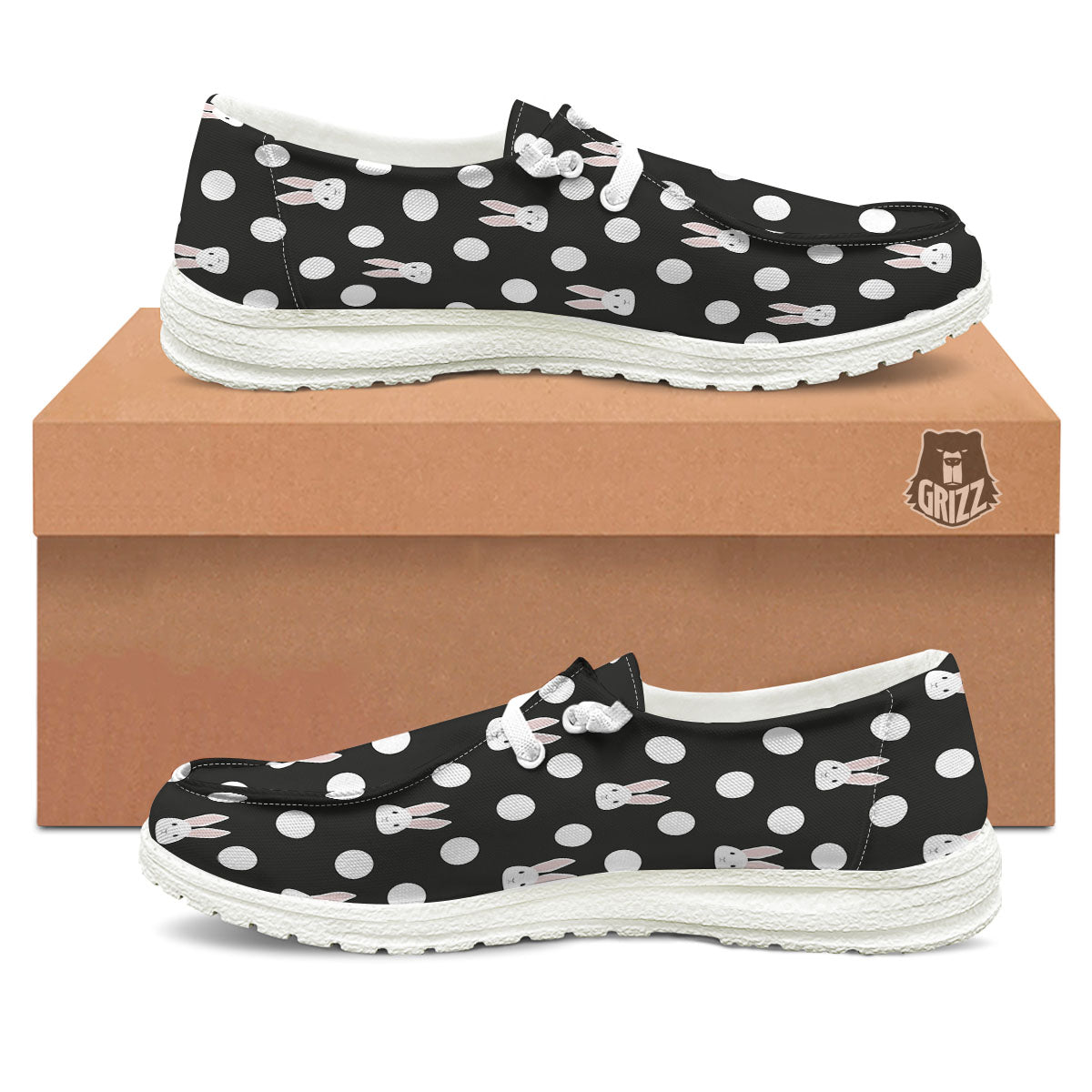 Rabbit Polka Dot Print Pattern Black Loafers-grizzshop