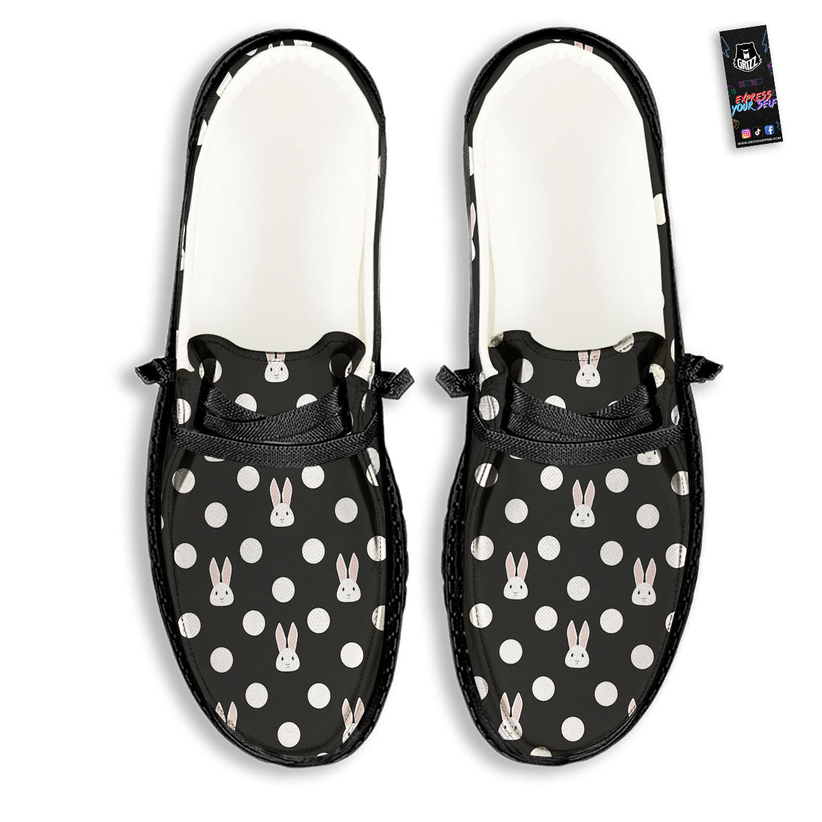 Rabbit Polka Dot Print Pattern Black Loafers-grizzshop