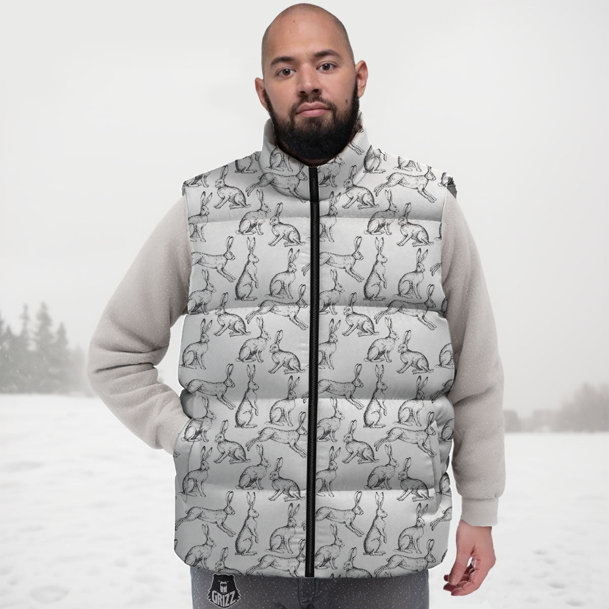 Rabbit White And Black Print Pattern Down Vest-grizzshop