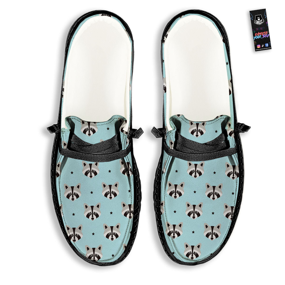 Raccoon Cartoon Print Pattern Black Loafers-grizzshop