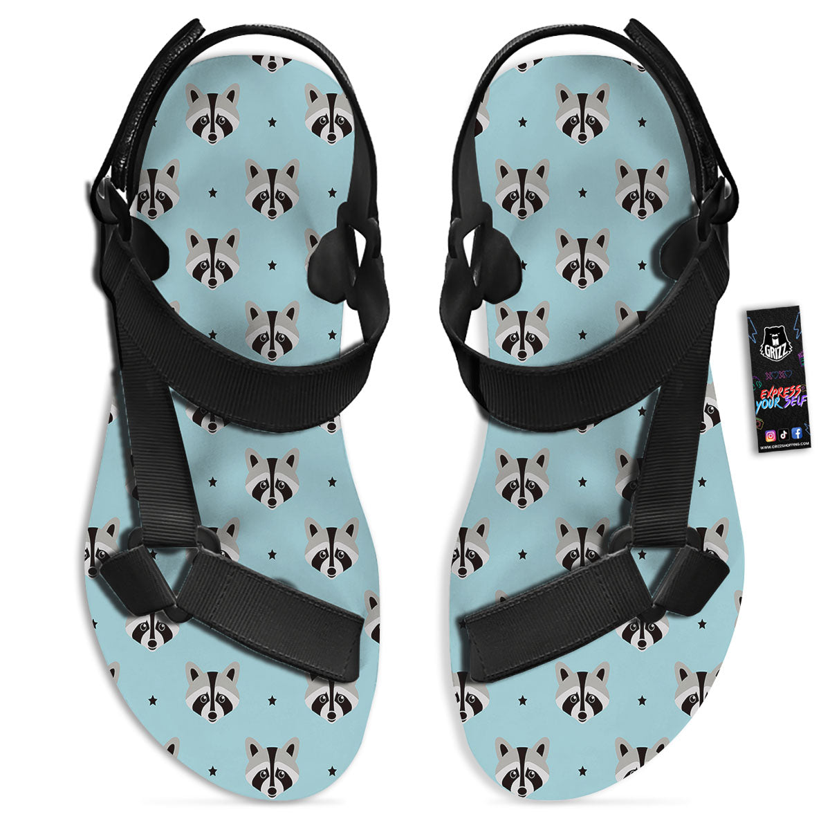 Raccoon Cartoon Print Pattern Black Open Toe Sandals-grizzshop