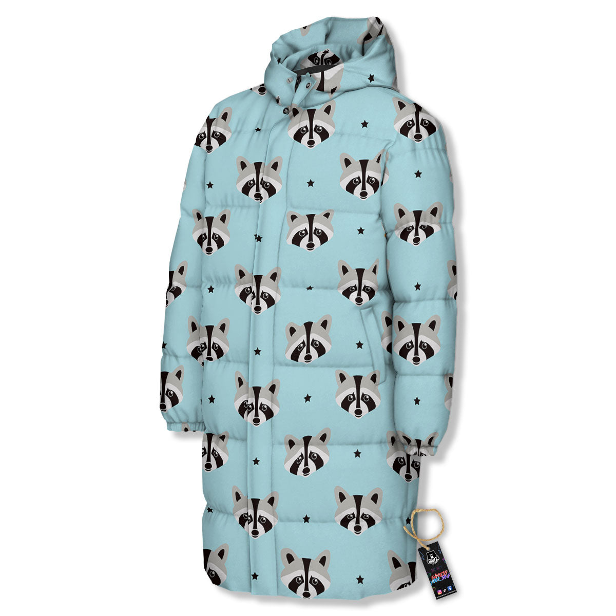 Raccoon Cartoon Print Pattern Long Down Jacket-grizzshop