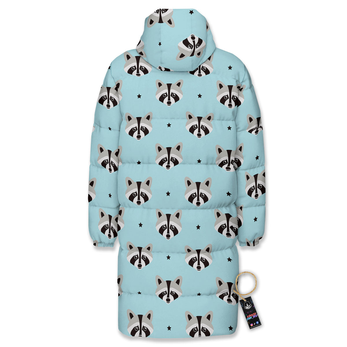Raccoon Cartoon Print Pattern Long Down Jacket-grizzshop