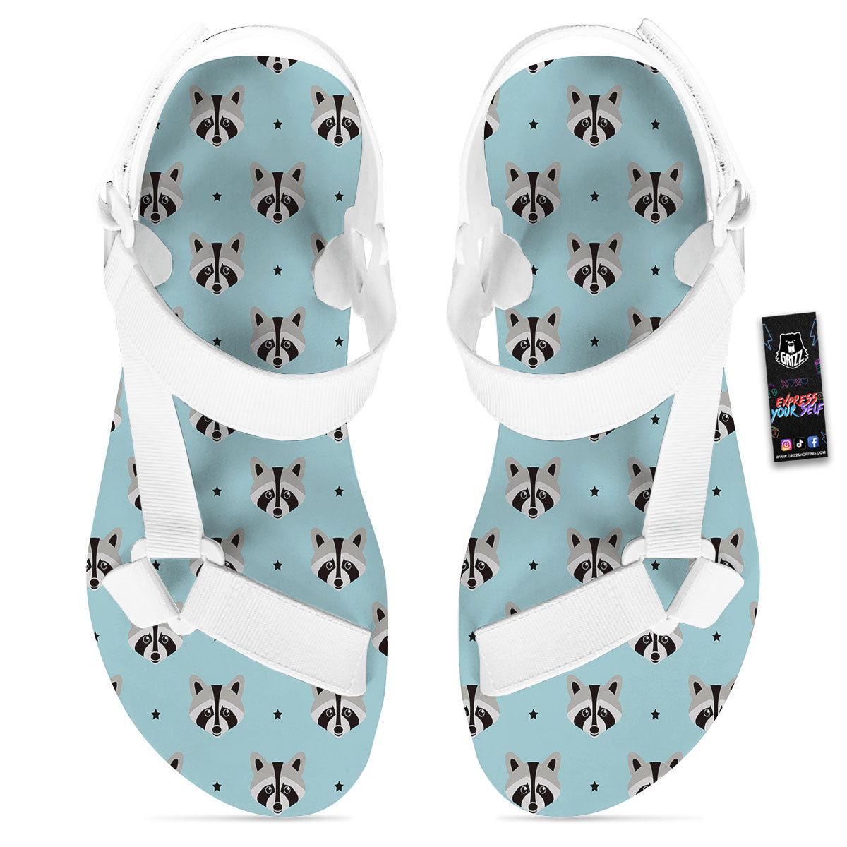 Raccoon Cartoon Print Pattern White Open Toe Sandals-grizzshop