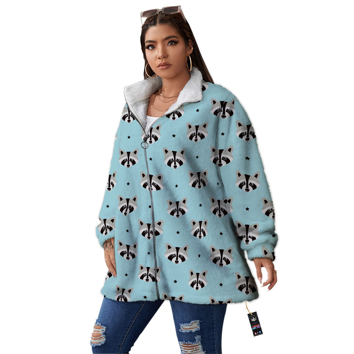 Raccoon Cartoon Print Pattern Women's Sherpa Jacket-grizzshop