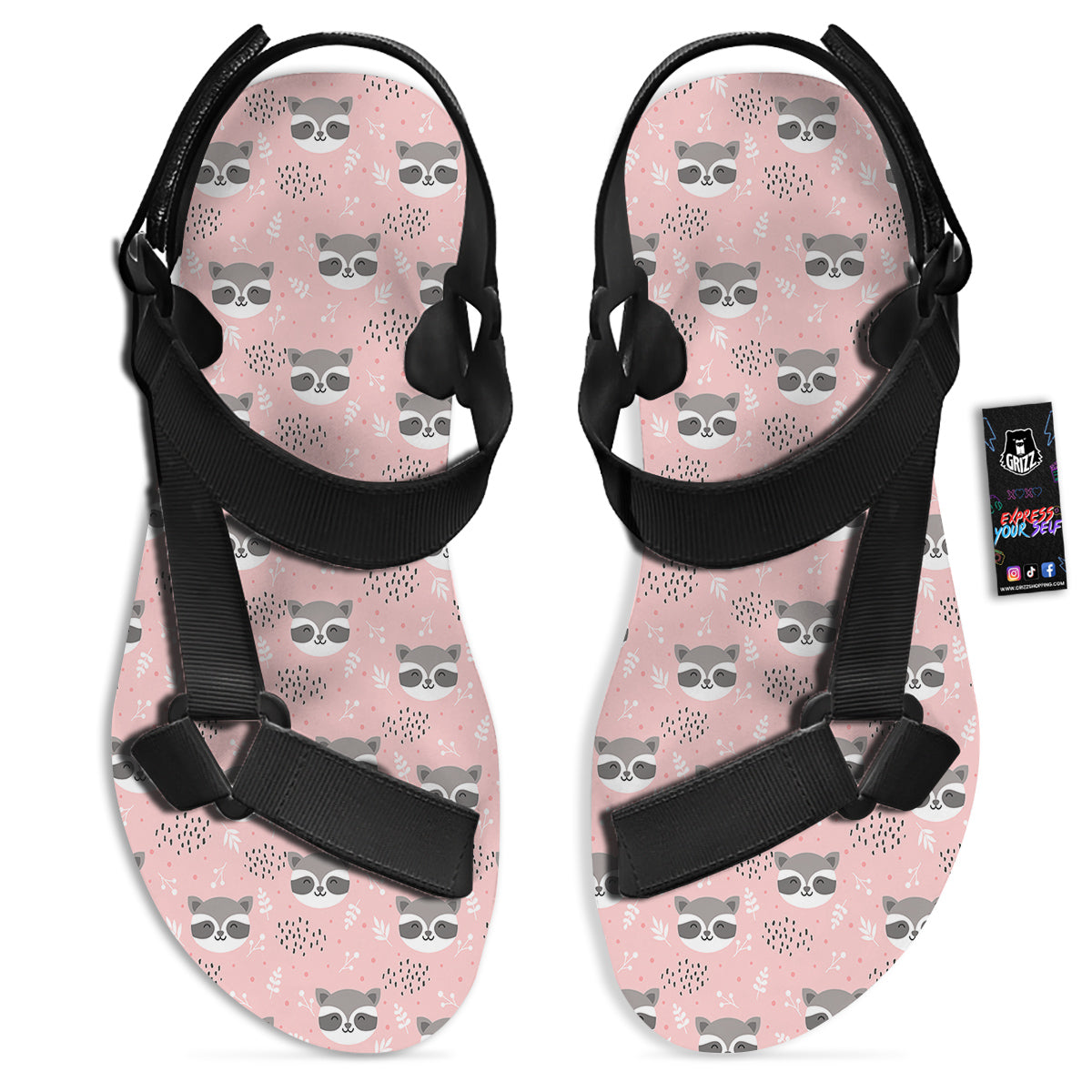 Raccoon Cute Print Pattern Black Open Toe Sandals-grizzshop