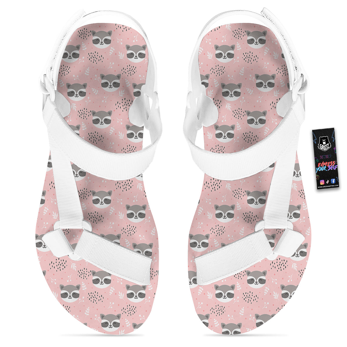 Raccoon Cute Print Pattern White Open Toe Sandals-grizzshop