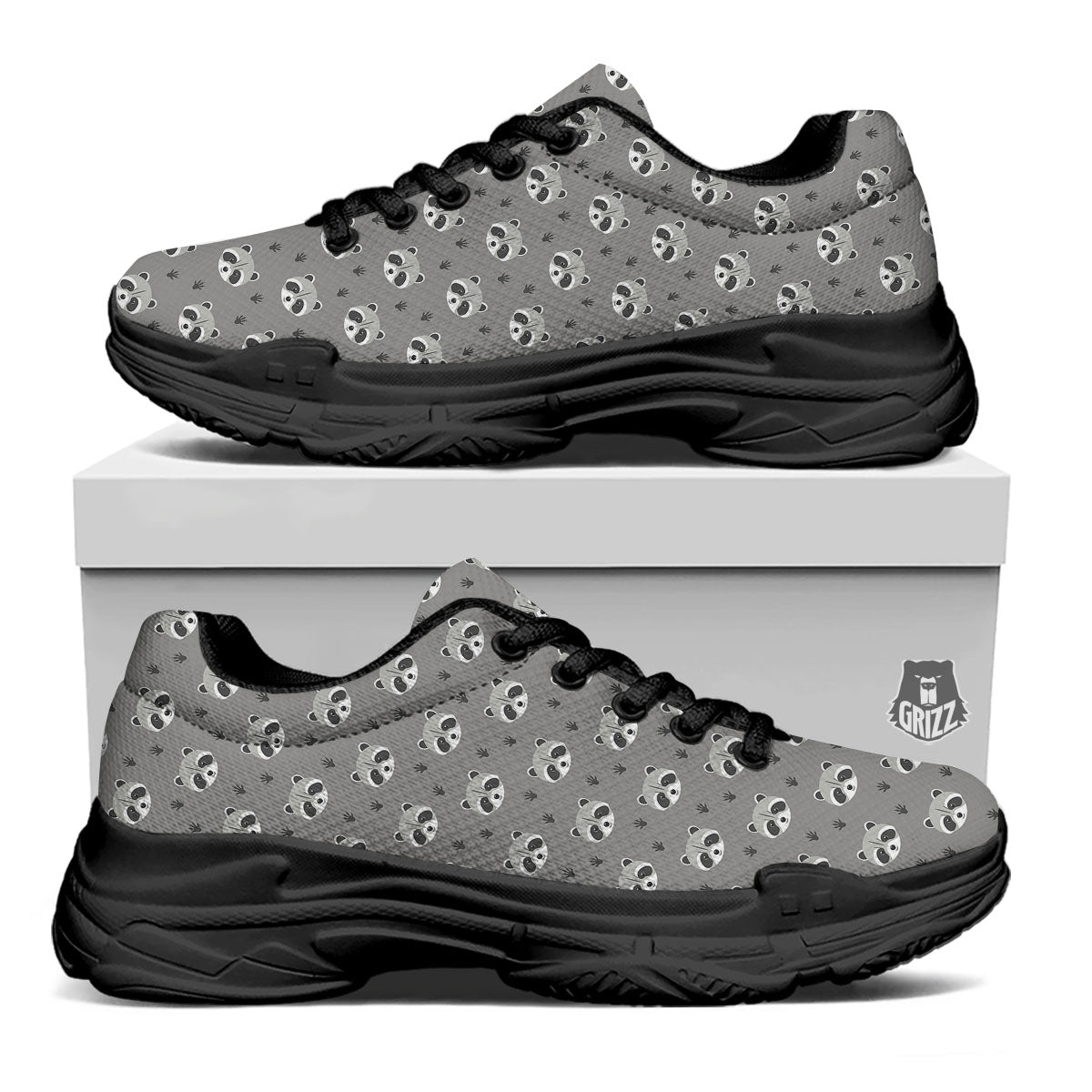 Raccoon Grey Print Pattern Black Chunky Shoes-grizzshop