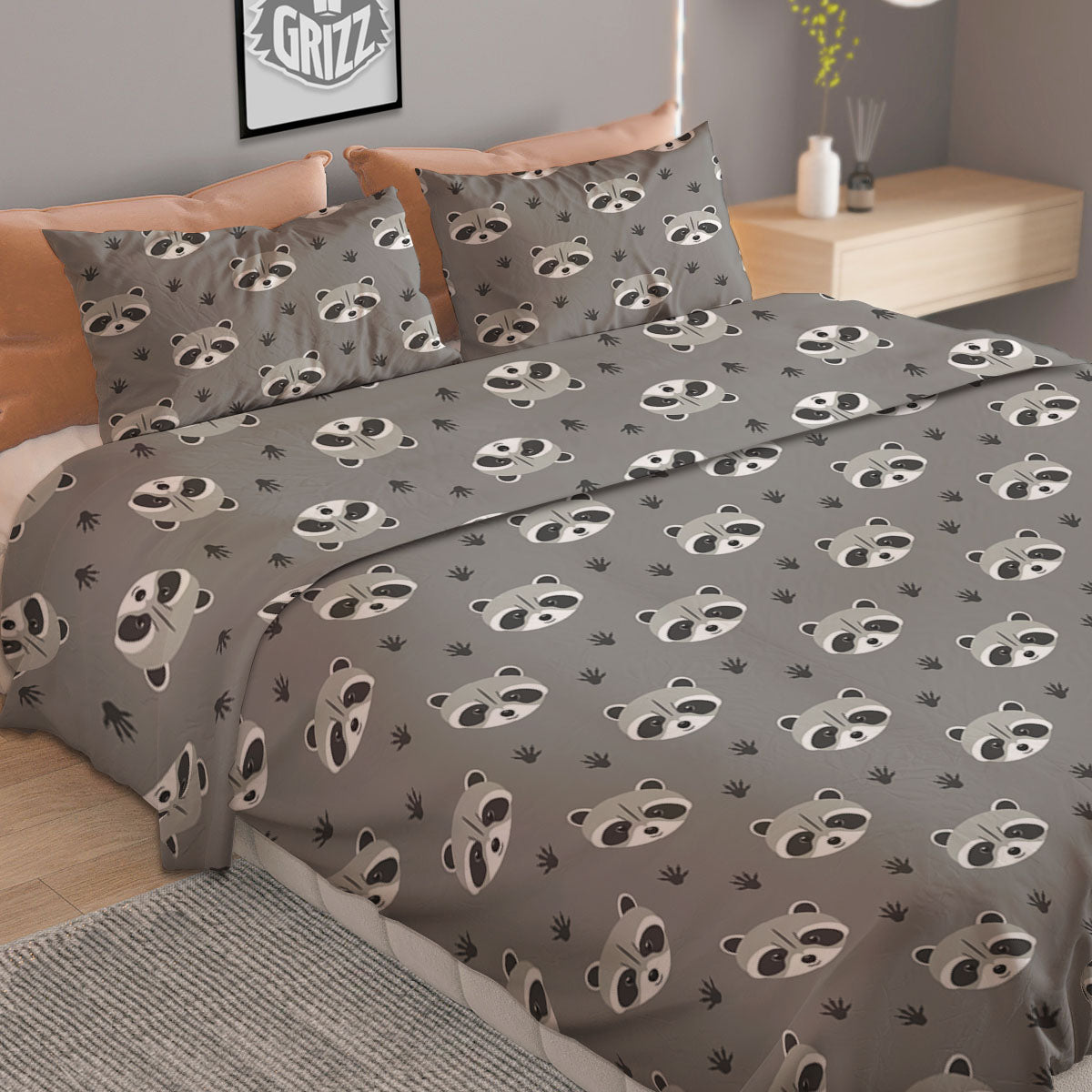 Raccoon Grey Print Pattern Duvet Cover Bedding Set