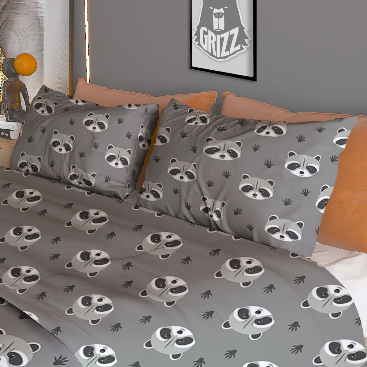 Raccoon Grey Print Pattern Duvet Cover Bedding Set