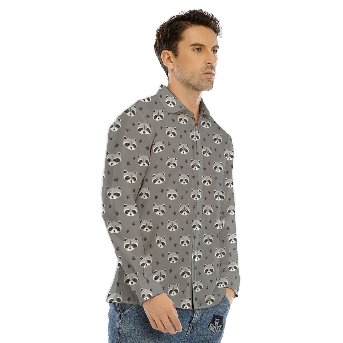 Raccoon Grey Print Pattern Men's Dress Shirts-grizzshop