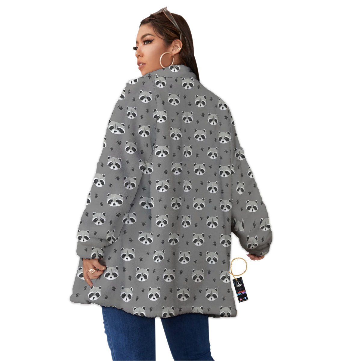 Raccoon Grey Print Pattern Women's Sherpa Jacket-grizzshop