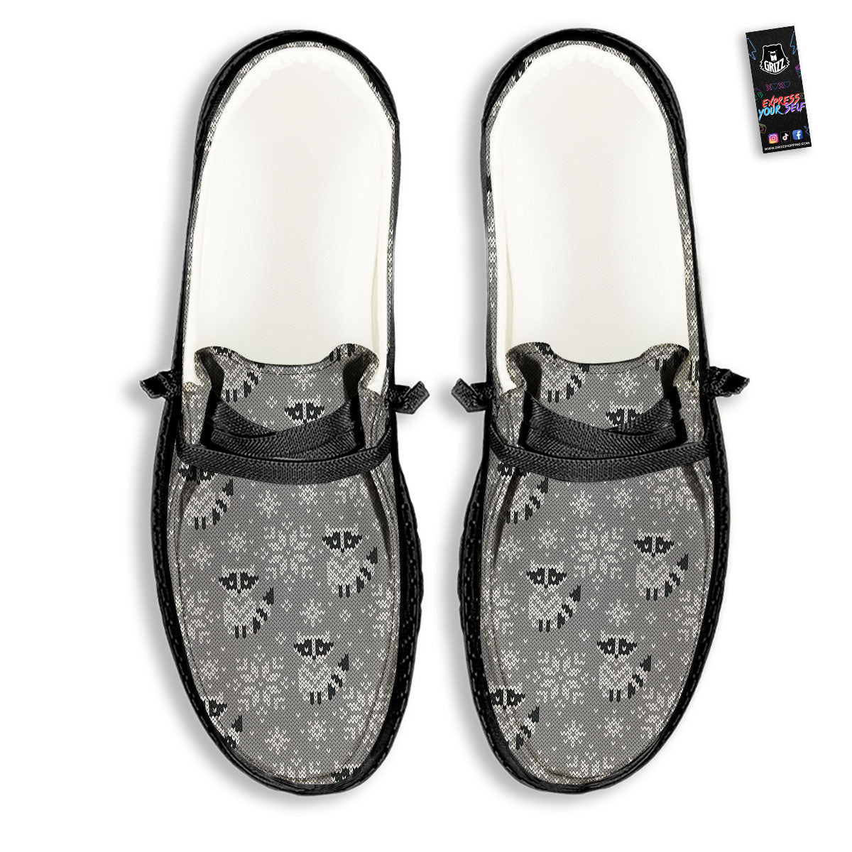 Raccoon Knitted Print Pattern Black Loafers-grizzshop