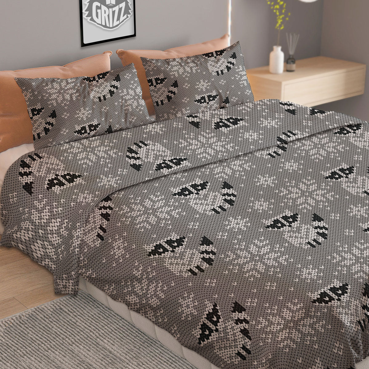 Raccoon Knitted Print Pattern Duvet Cover Bedding Set