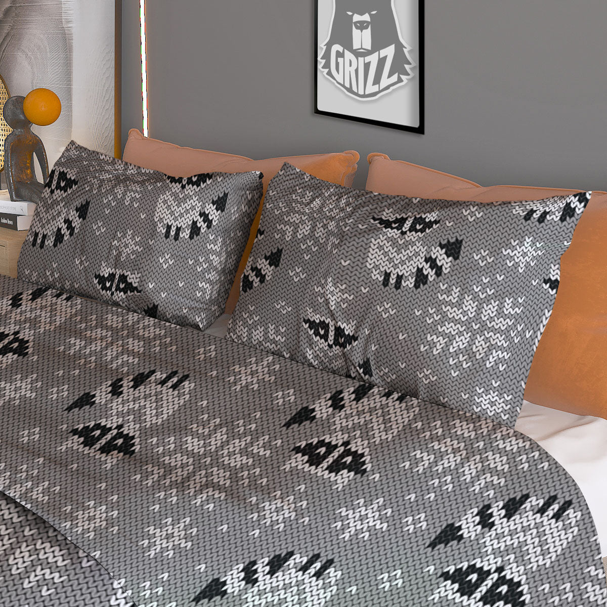 Raccoon Knitted Print Pattern Duvet Cover Bedding Set