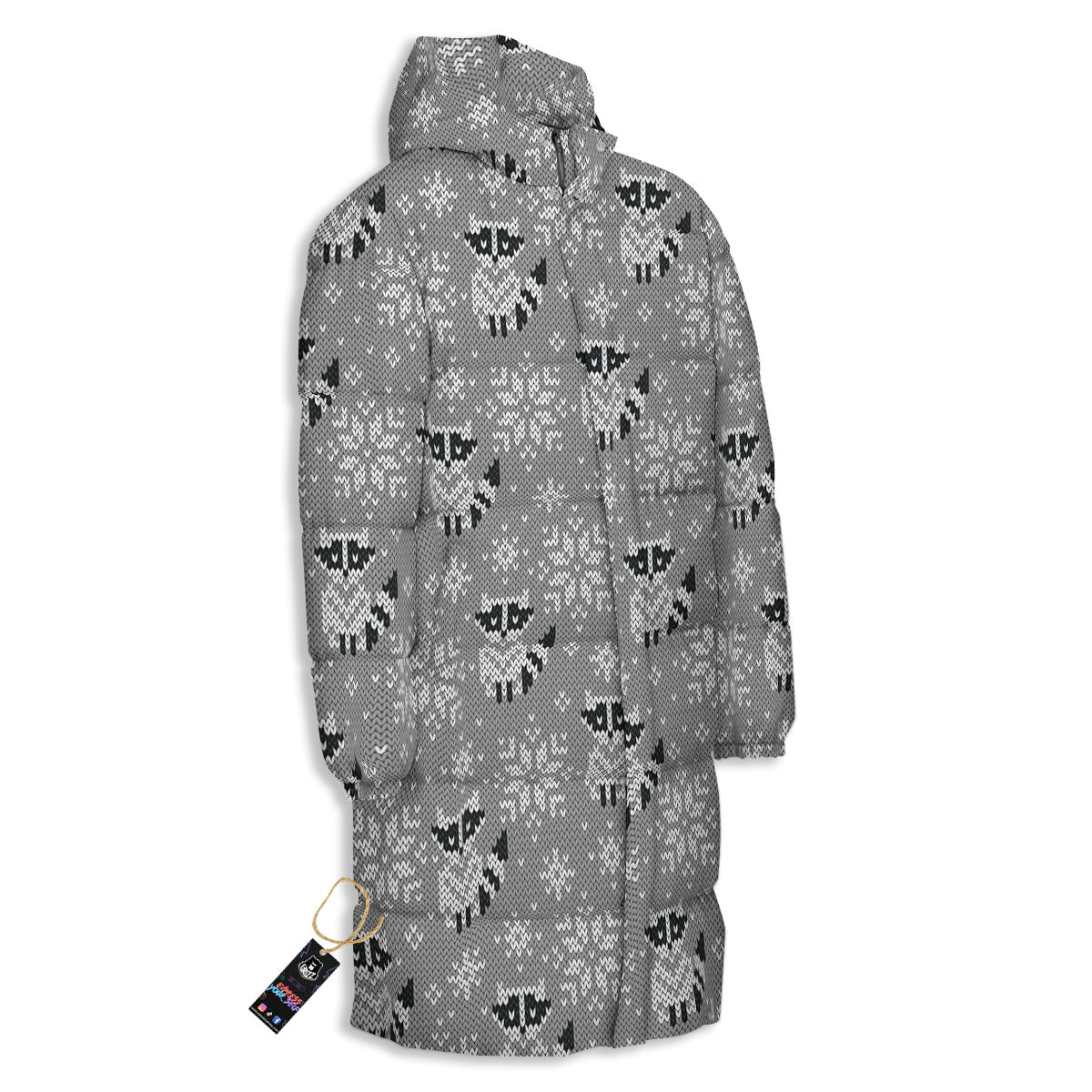 Raccoon Knitted Print Pattern Long Down Jacket-grizzshop
