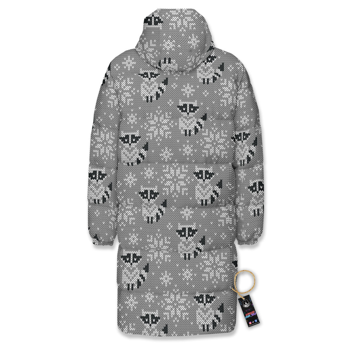 Raccoon Knitted Print Pattern Long Down Jacket-grizzshop