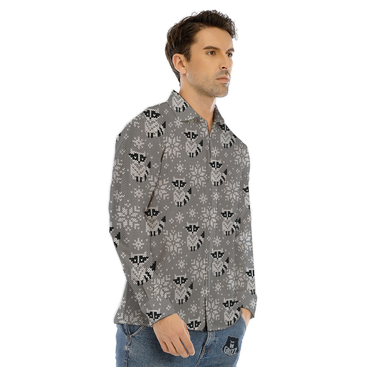Raccoon Knitted Print Pattern Men's Dress Shirts-grizzshop