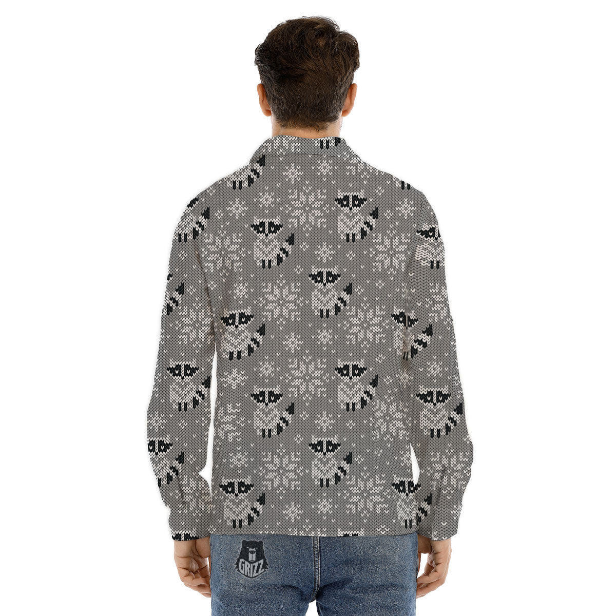 Raccoon Knitted Print Pattern Men's Dress Shirts-grizzshop