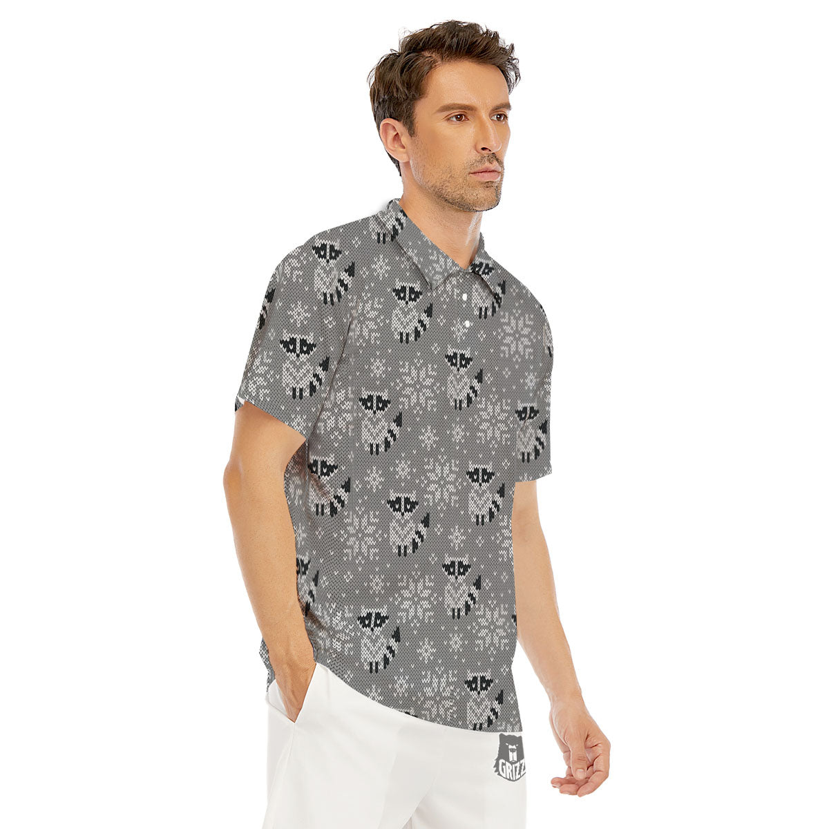 Raccoon Knitted Print Pattern Men's Golf Shirts-grizzshop