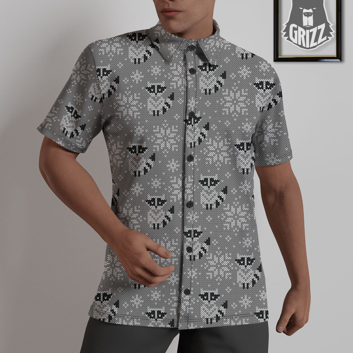 Raccoon Knitted Print Pattern Untucked Shirts-grizzshop