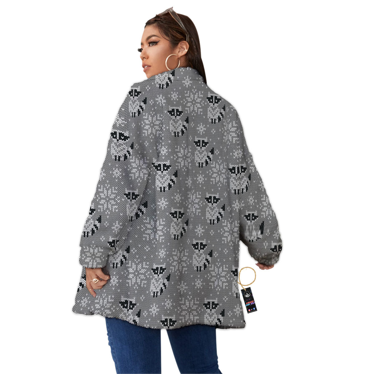 Raccoon Knitted Print Pattern Women's Sherpa Jacket-grizzshop