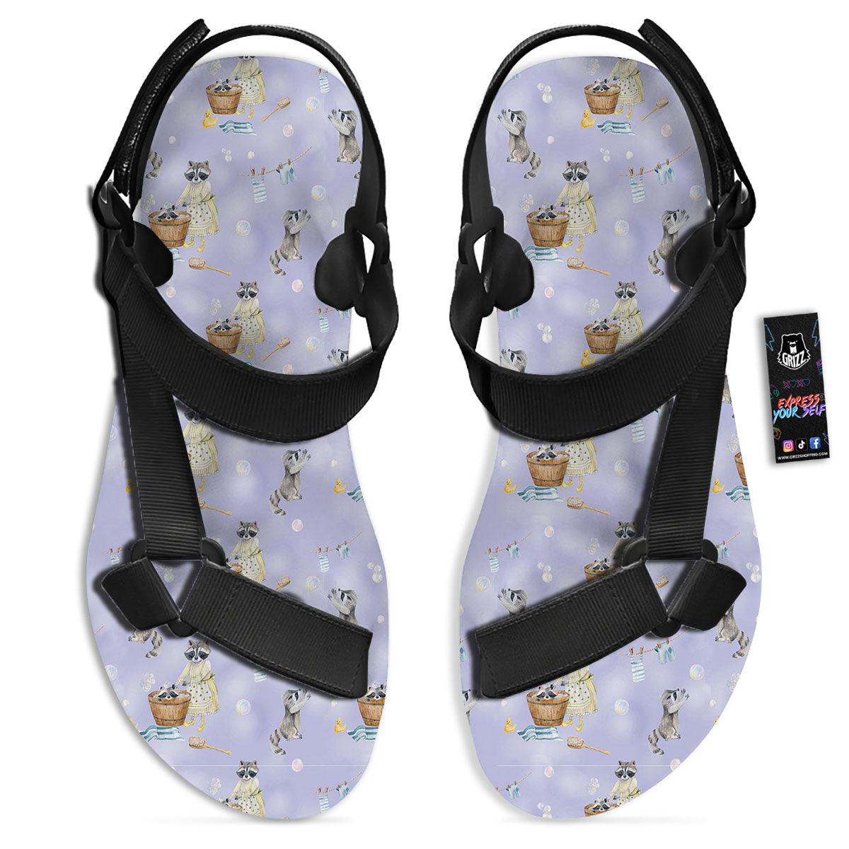 Raccoon Watercolor Print Pattern Black Open Toe Sandals-grizzshop