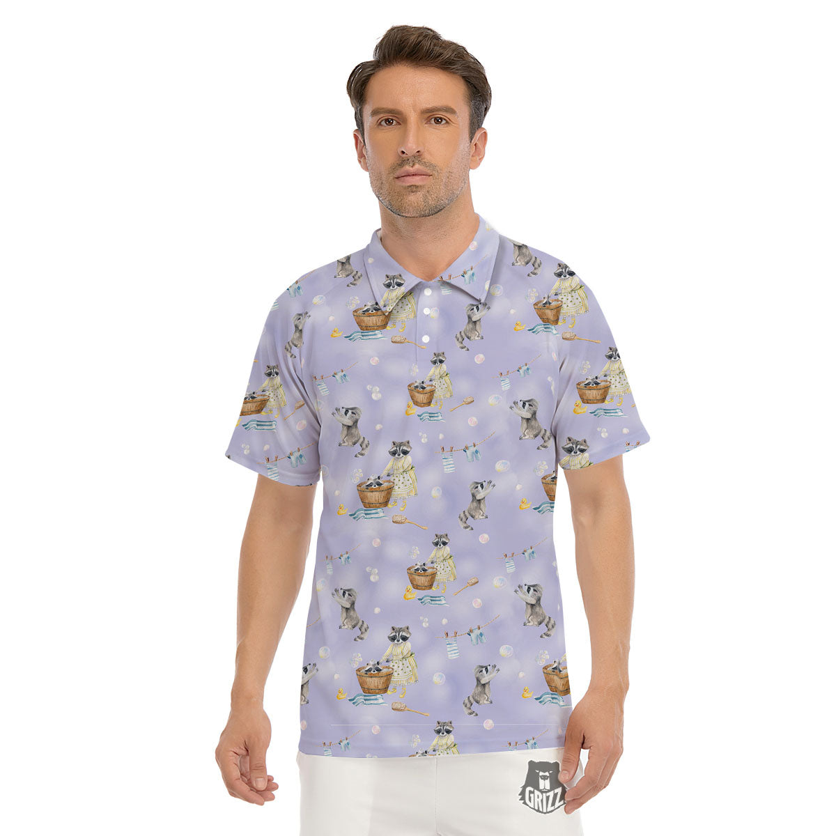 Raccoon Watercolor Print Pattern Men's Golf Shirts-grizzshop